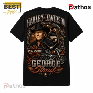 Black cotton t-shirt featuring George Strait, Harley-Davidson logo, eagle, and motorcycle graphic with orange flames.!