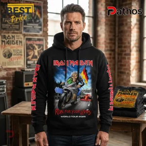 Black hooded sweatshirt with Iron Maiden Run For Your Lives World Tour 2026 graphic of Eddie riding a motorcycle.!