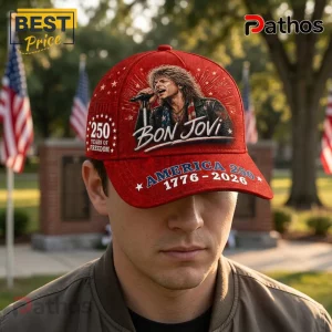 Red Bon Jovi baseball cap featuring a rock singer graphic, 250 Years of Freedom text, and America 1776-2026 print.!