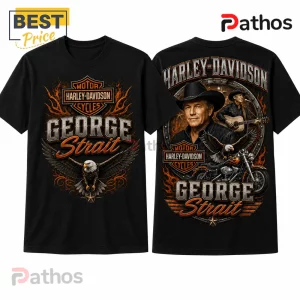 Black cotton t-shirt featuring Harley-Davidson and George Strait graphics with an eagle, flames, and cowboy imagery.!