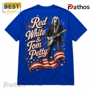 Tom Petty Red White and Blue Patriotic Illustrated Music T-Shirt 3 Royal blue t-shirt featuring a Tom Petty graphic, American flag, stars, and the text Red White & Tom Petty.!