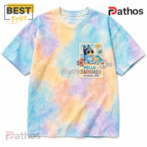 Blue tie-dye t-shirt featuring a Bluey cartoon graphic in a postage stamp design with Hello Summer text.!