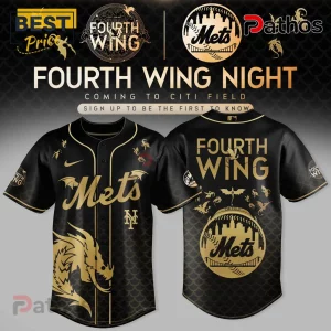 Black and gold New York Mets baseball jersey featuring Fourth Wing dragon graphics and custom metallic lettering.!