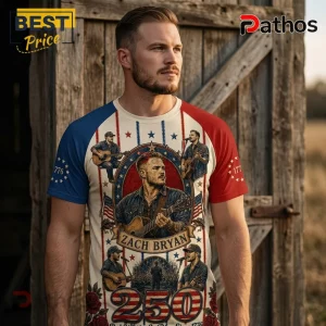 Zach Bryan graphic t-shirt with red and blue sleeves, patriotic stars, 1776 text, and country singer illustrations.!