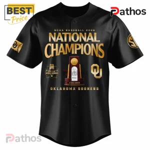 Black Oklahoma Sooners baseball jersey with gold NCAA 2026 National Champions text and trophy graphic on front.!