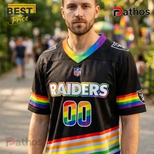 Las Vegas Raiders x LGBTQ Pride Month Limited Edition Football Jersey 1 Man wearing a black Las Vegas Raiders football jersey with rainbow pride stripes on the sleeves, collar, and hem.!
