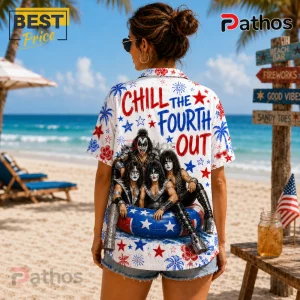 White button-down shirt featuring the rock band KISS on a patriotic float, red and blue stars, and text Chill The Fourth Out.!