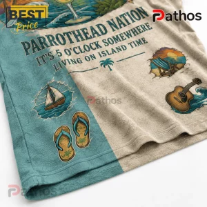 Parrothead Nation t-shirt with beach graphics, acoustic guitar, sailboat, and flip-flops on teal and beige fabric.!