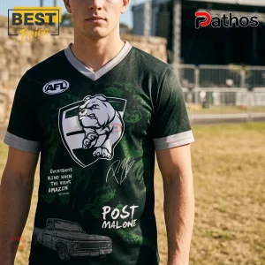 Post Malone fan v-neck t-shirt featuring a Bulldog mascot, AFL logo, truck graphic, and song lyrics on dark green fabric.!