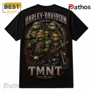 Black cotton t-shirt featuring TMNT characters in leather jackets with a motorcycle, Harley-Davidson logo, and flames.!