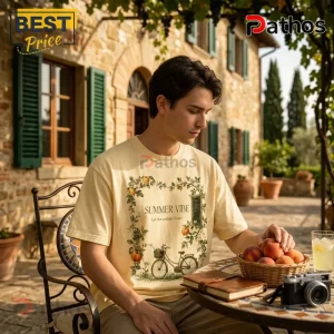 Man wearing a cream-colored crewneck t-shirt featuring a vintage bicycle and peach branch illustration with text.!
