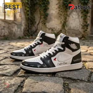 Evanescence Sanctuary 2026 World Tour Custom Air Jordan 1 High Top Sneakers 1 Custom high-top sneakers in white and black leather with Evanescence logo, red bird icon, and signatures on cobblestone ground.!