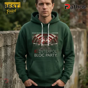 Interpol x Bloc Party UK EU Tour 2026 Dark Green Hoodie 1 Dark green hooded sweatshirt with Interpol and Bloc Party concert tour graphic print and white drawstring cords.!