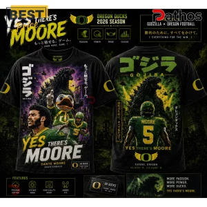 Black cotton t-shirt featuring Dante Moore, Oregon Ducks mascot, Godzilla graphic, and Japanese Gojira text in green tones.!