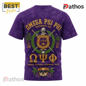 Omega Psi Phi Summer Vibes Fraternity Crest Bulldog T-Shirt 4 Omega Psi Phi purple t-shirt with Greek letters, crest, swords, palms, and bulldog graphic on back.!