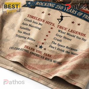 Dave Matthews Band t-shirt with beige American flag background, song list, and silhouette graphic on polyester fabric.!