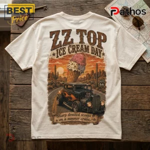 Off-white t-shirt with ZZ Top Ice Cream Day graphic featuring a hot rod, desert, Route 66 sign, and melting ice cream cone.!