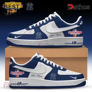 New York Yankees sneakers with blue and white leather, All-Star Game Philadelphia 2026 branding, and customizable text area.!