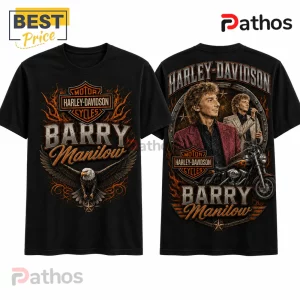 Black cotton t-shirt with Harley-Davidson and Barry Manilow graphics featuring an eagle, motorcycle, and flames print.!