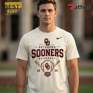 Oklahoma Sooners 2026 NCAA Baseball National Champions Cream T-Shirt 1 Man wearing an off-white Oklahoma Sooners baseball t-shirt with maroon text, cross bats, and a home plate graphic.!
