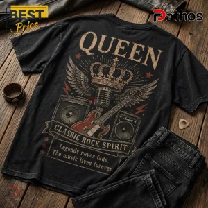 Black cotton t-shirt featuring a Queen band graphic with a crown, microphone, electric guitar, and speakers print.!