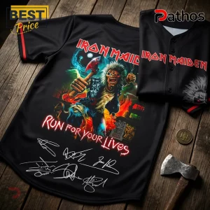 Black baseball jersey featuring Iron Maiden Eddie graphic with Run For Your Lives text and band member signatures.!