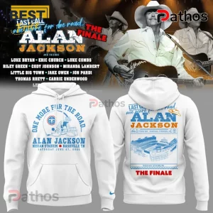White hoodie showing Alan Jackson Last Call concert graphics with football helmet, stadium illustration, and event text.!
