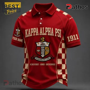 Kappa Alpha Psi crimson polo shirt with cream checkered side panels, fraternity crest, 1911 text, and embroidered details.!