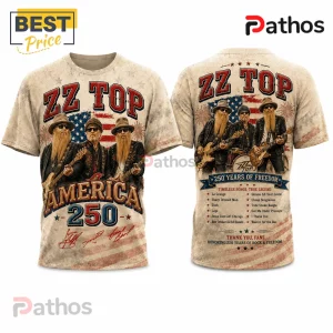 ZZ Top America 250 Honoring Freedom Rock Band Patriotic Shirt 6 ZZ Top band t-shirt with American flag print, vintage cream fabric, guitarists, and tracklist text on the back.!