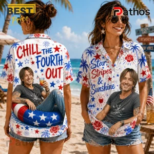 Button-down shirt with white background, red and blue stars, hibiscus flowers, and Keith Urban photo print on beach.!