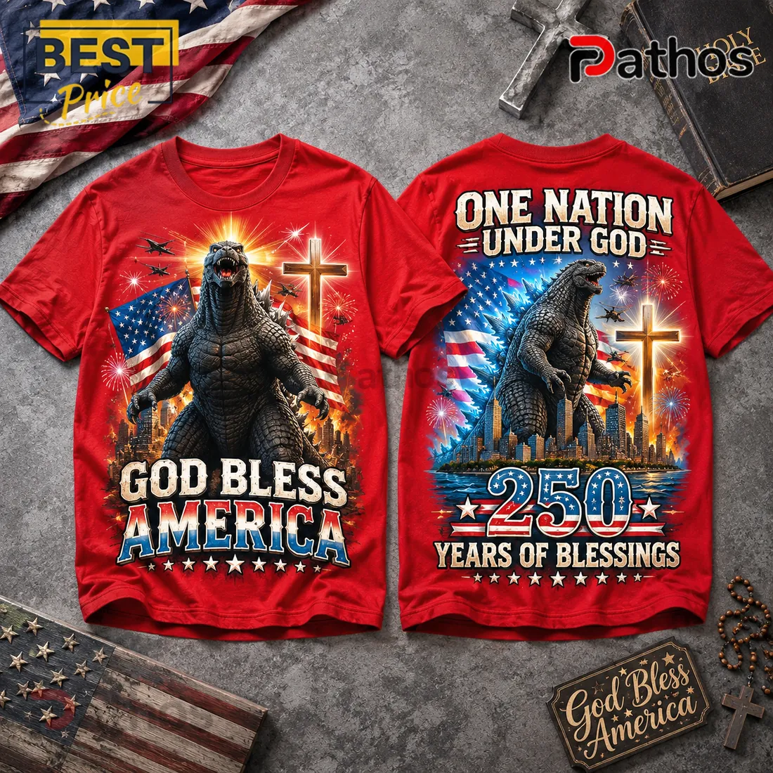 Godzilla 250 Years Of Blessings Red T-Shirt Godzilla 250 Years Of Blessings Red T-Shirt