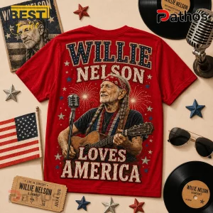 Willie Nelson America 250th Anniversary Music Legend T-Shirt 3 Red graphic t-shirt featuring Willie Nelson playing guitar with fireworks and text reading Willie Nelson Loves America.!