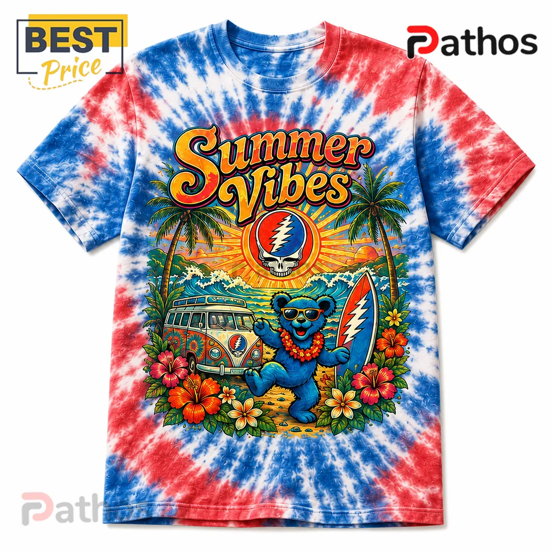 Grateful Dead Summer Vibes Tie-Dye Dancing Bear Graphic T-Shirt Grateful Dead Summer Vibes Tie-Dye Dancing Bear Graphic T-Shirt