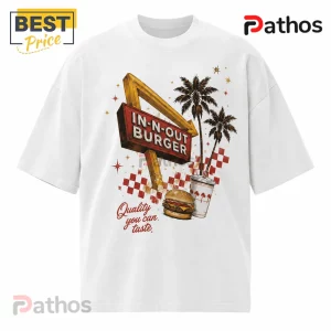White graphic t-shirt featuring an In-N-Out Burger sign, palm trees, a burger, and the text Quality you can taste.!
