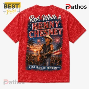 Kenny Chesney America 250 Limited Edition Graphic T-Shirt 3 Red acid wash t-shirt featuring Kenny Chesney performing with a guitar, fireworks, and text Red, White & 250 Years of Freedom.!