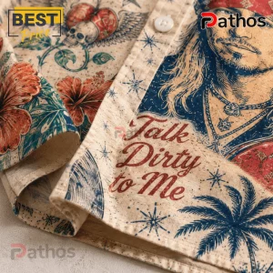 Bret Michaels Tropical Mix Hawaiian Shirt 2026 4 Beige button-down shirt with skull, tropical hibiscus, and palm tree print featuring Talk Dirty to Me text and rock icon.!