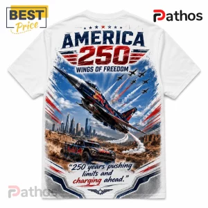 Red Bull America 250 Years 1776-2026 Wings Of Freedom Patriotic T-Shirt 3 White graphic t-shirt featuring a Red Bull jet, trophy truck, city skyline, and America 250 Wings of Freedom text.!