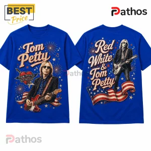 Tom Petty Red White and Blue Patriotic Illustrated Music T-Shirt 1 Royal blue t-shirt showing front and back graphic prints of Tom Petty playing guitar with US flag and firework motifs.!