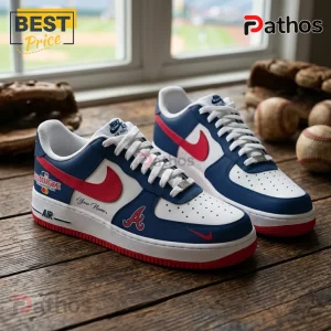 Custom Nike Air Force 1 Atlanta Braves sneakers with red, white, and blue leather, script text, and All-Star Game branding.!