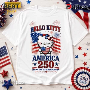 Hello Kitty America 1776-2026 Bless America Independence Day Patriotic Shirt 1 White graphic t-shirt featuring Hello Kitty holding a US flag heart with text Hello Kitty America 250 Years of Freedom.!