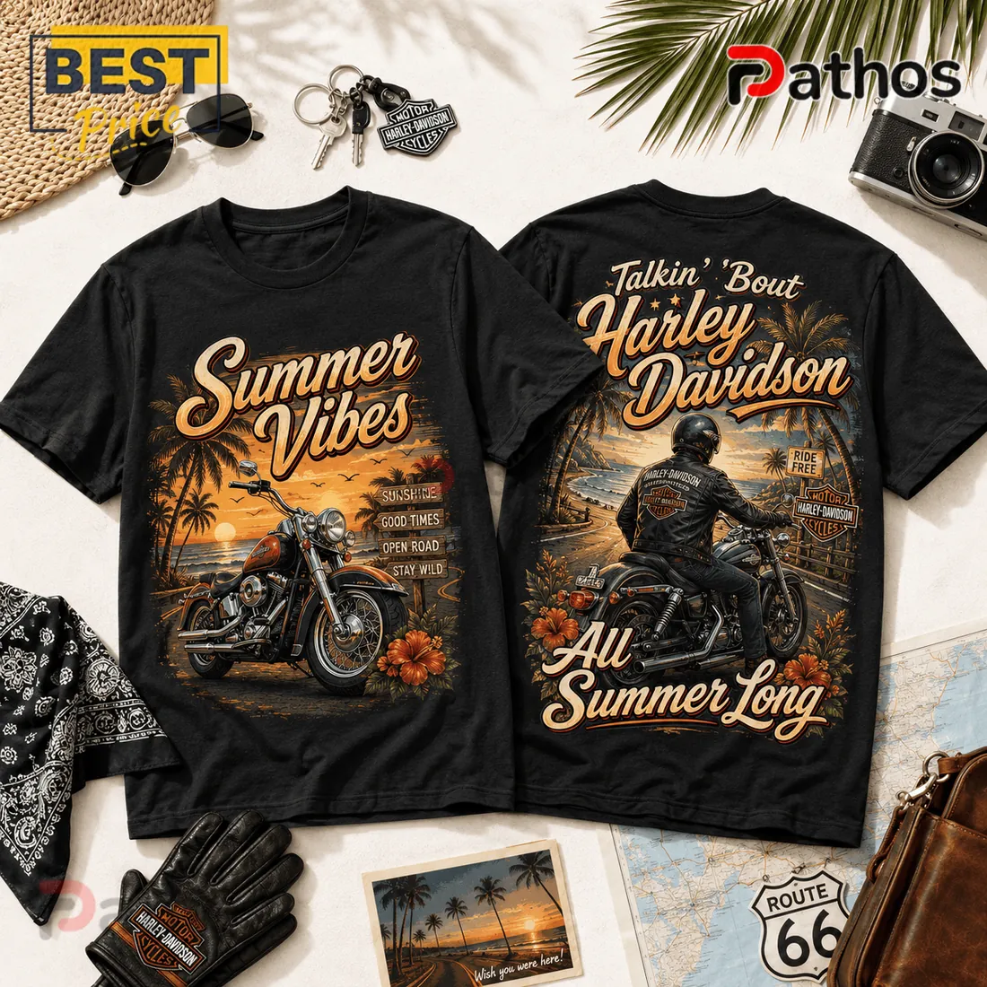 Harley-Davidson Summer Vibes Motorcycle Beach T-Shirt Harley-Davidson Summer Vibes Motorcycle Beach T-Shirt