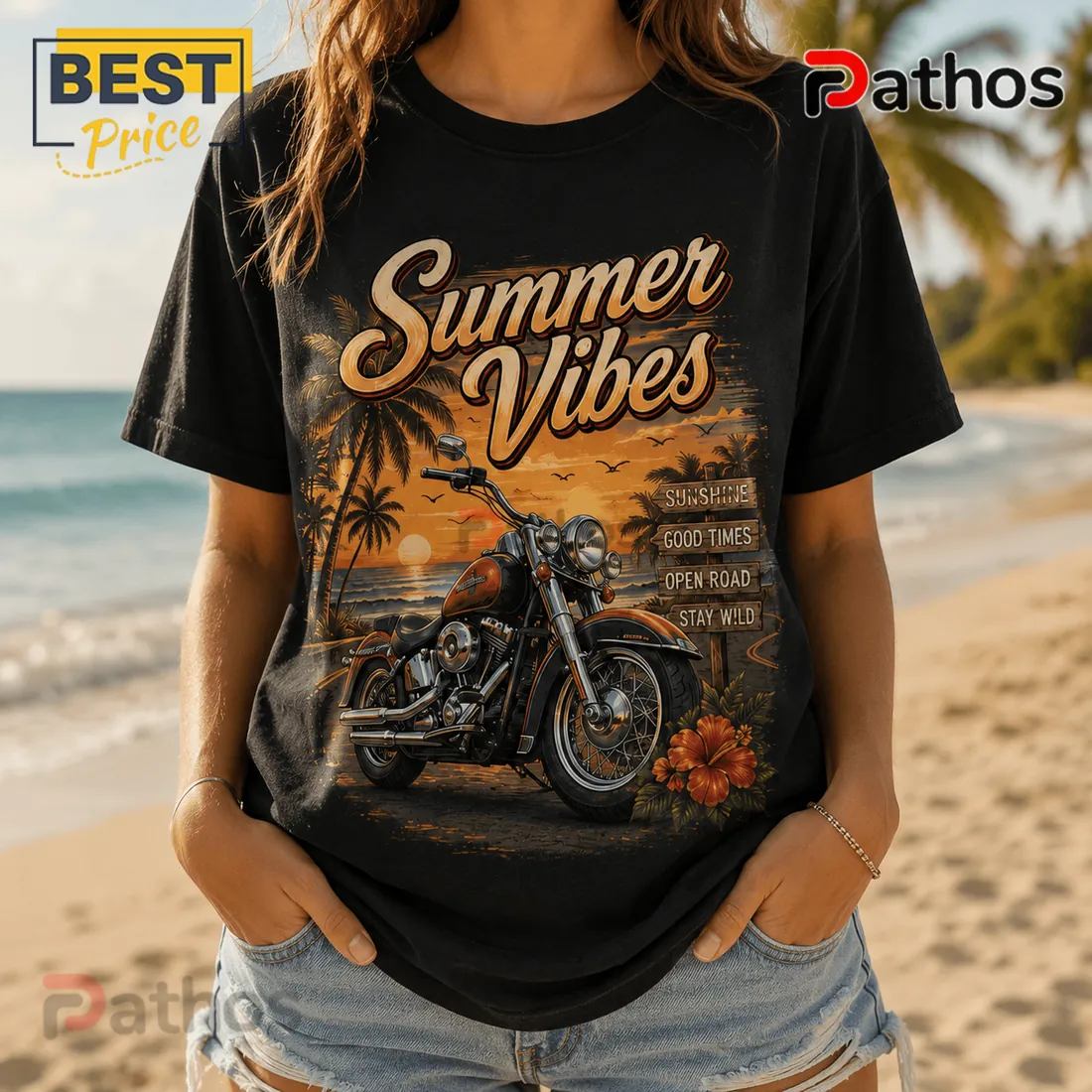 Harley-Davidson Summer Vibes Motorcycle Beach T-Shirt Harley-Davidson Summer Vibes Motorcycle Beach T-Shirt