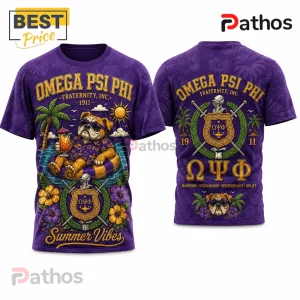 Omega Psi Phi Fraternity Summer Vibes Purple T-Shirt 1 Omega Psi Phi purple t-shirt featuring a bulldog in a floatie, palm trees, Greek letters, and fraternity crest graphics.!