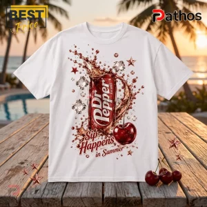 White t-shirt featuring a Dr Pepper can, splashing soda, ice cubes, a cherry, and text Sip Happens in Summer.!