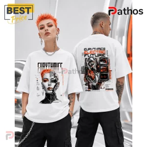 Eurythmics Electric Future Cyberpunk Limited Edition Shirt 1 White oversized t-shirt featuring front and back futuristic cyborg graphics in orange, black, and white.!