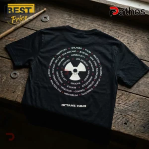 Don Toliver Octane World Tour Black T-Shirt 1 Black cotton t-shirt featuring a white radiation symbol surrounded by a circular list of city names and Octane Tour text.!