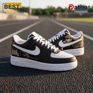 Luke Combs x Fast Car Signature Custom Air Force 1 Shoes 4 Luke Combs custom sneakers with brown textured leather, white swoosh, acoustic guitar graphic, and text reading Fast Car.!