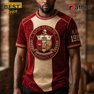 Kappa Alpha Psi fraternity t-shirt in crimson and gold with embossed shield crest, Greek lettering, and 1911 sleeve print.!