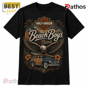 Black cotton t-shirt featuring a Harley-Davidson logo, The Beach Boys text, a bald eagle, surfboards, and a classic woodie car.!