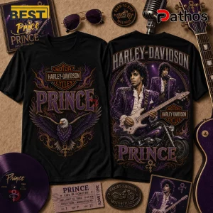 Black cotton t-shirts with front and back Harley-Davidson and Prince graphics, featuring an eagle, motorcycle, and guitar.!